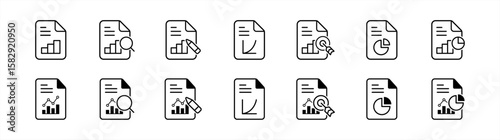 Analytics data icons collection. Audit document symbol. research, statistics, chart, results, report, review, profit, analysis, overview, evaluate, pictogram signs vector illustration