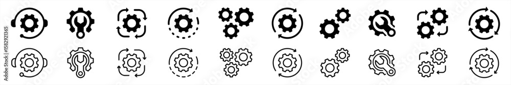 Obraz premium Cogwheel and setting icons collection line style. Manufacturing symbol. Containing Operation, process, Service, Cog wheel, Gear wheel, tool, maintenance, repair, wrench signs vector illustration.