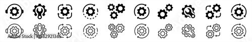 Cogwheel and setting icons collection line style. Manufacturing symbol. Containing Operation, process, Service, Cog wheel, Gear wheel, tool, maintenance, repair, wrench signs vector illustration.