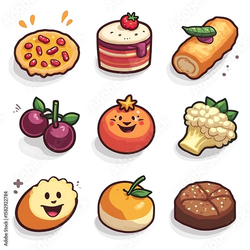 Assorted Cute Cartoon Food Illustration Featuring Pastries and Healthy Options