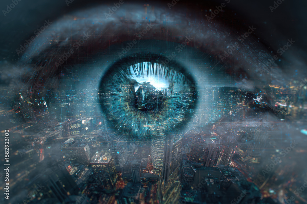 Fototapeta premium Ai surveillance eye watching over a futuristic city. A giant digital eye hovers or is embedded into the cityscape, representing mass surveillance, data tracking and erosion of privacy in AI-driven soc