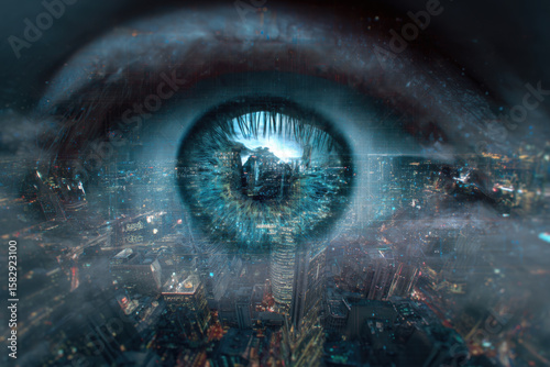 Ai surveillance eye watching over a futuristic city. A giant digital eye hovers or is embedded into the cityscape, representing mass surveillance, data tracking and erosion of privacy in AI-driven soc