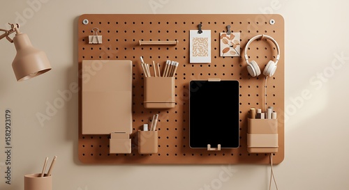 Pegboard organizer with tablet, stationery, headphones, and desk lamp against a neutral wall, showcasing a tidy workspace.