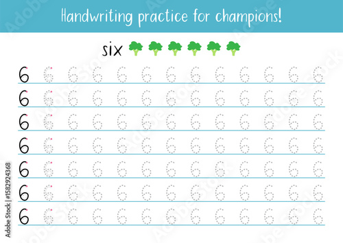 Number 6 Tracing Worksheet – Handwriting Practice for Preschool Kids with Broccoli Counting