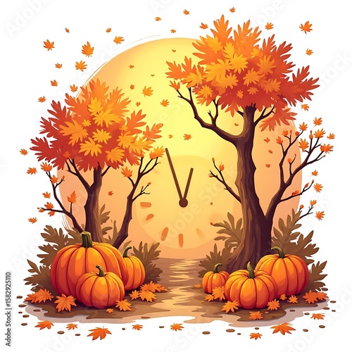 Autumn Harvest Scene with Pumpkins Falling Leaves and Clock Background