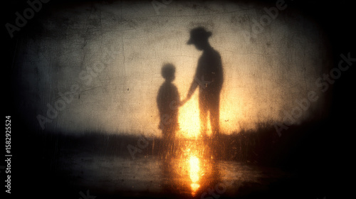 Child's shadow transforms into dark figure, representing inherited trauma and the unconscious Jungian shadow at sunset