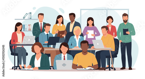 Diverse team of professionals collaborating in a modern office setting, showcasing teamwork and business concepts with flat design elements.