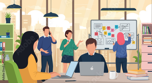 A diverse team of professionals actively collaborates on a new project within a modern corporate office environment, depicted with a vibrant flat design illustration.