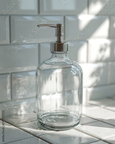 Clear Glass Soap Dispenser with Silver Pump on White Kitchen Tile Wall