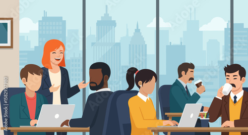A vibrant illustration depicts a diverse team of professionals collaborating in a modern office setting, utilizing laptops, and engaging in discussions with cityscape views in the background.
