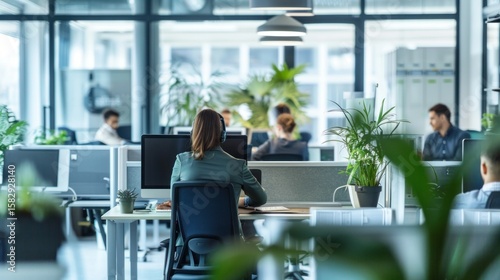 Modern open-plan office with employees working at computers stock photo --ar 16:9 --raw --v 6 Job ID: 93e1b0b6-1355-4267-b791-25c529bec4c0