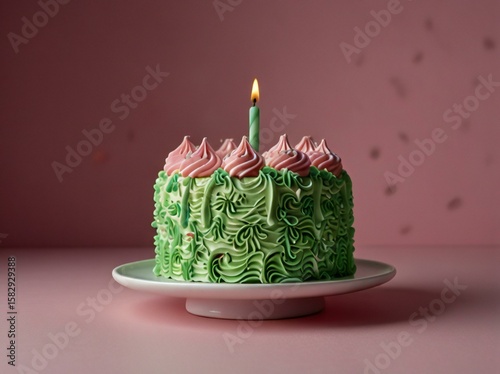 Single lit candle adorns a festive green and pink frosted cake