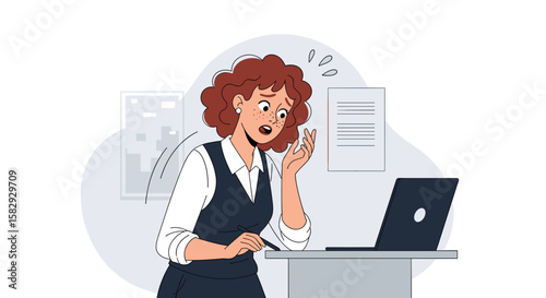 A worried young businesswoman stares at her laptop screen in disbelief, as she confronts a problem, suitable for a website banner or marketing materials.