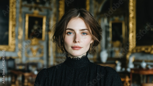 Elegant woman in minimalist high-fashion outfit exudes luxury in classic European interior