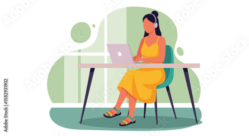 A woman in a yellow dress sits at a desk wearing headphones and working on a laptop, creating a modern, flat design illustration for a website or marketing material.