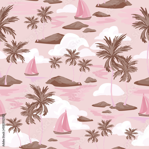 Hand drawn tropical oasis island seamless pattern. Abstract landscape background with mountains, sea, coconut palm tree, yacht art. Vector illustration for tropical summer vacation print fabric
