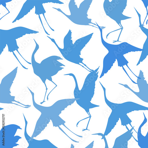 Abstract asian crane bird silhouette seamless pattern. Japanese wading bird silhouettes background. Vector art illustration inspired by eastern traditional style