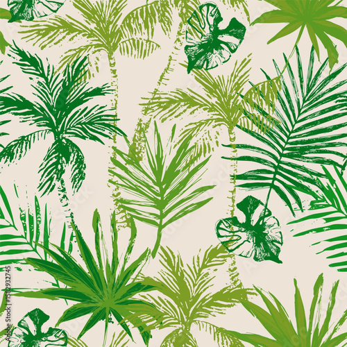 Simple grunge palms, hand drawn tropical leaves seamless pattern. Green tropi...