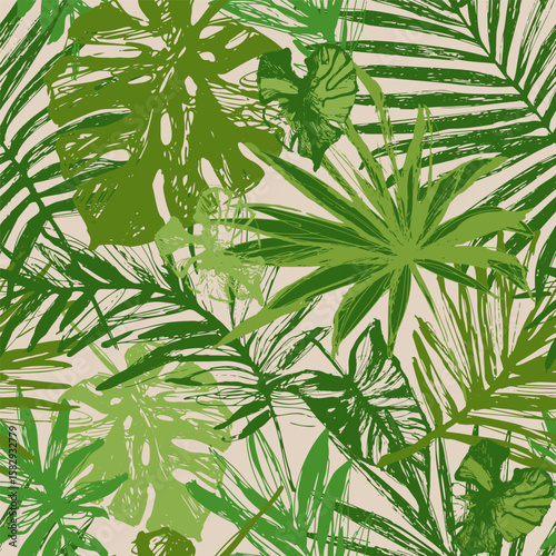 Hand drawn tropical leaves background in greenery colors. Green palm monstera...