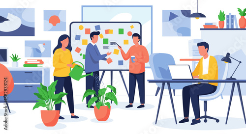 Modern business professionals collaborate and brainstorm ideas on a whiteboard in a vibrant office, depicted in a clean flat design illustration style.