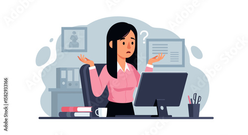 A confused businesswoman stands in front of her computer, surrounded by books and pens, seeking solutions for a marketing campaign landing page design.