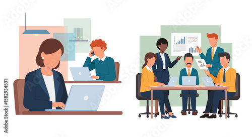 Modern flat design illustration depicting business professionals collaborating in an office meeting and individuals focused on their work.