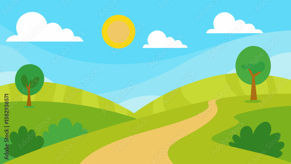 Obraz premium Sunny cartoon countryside with long path vector illustration