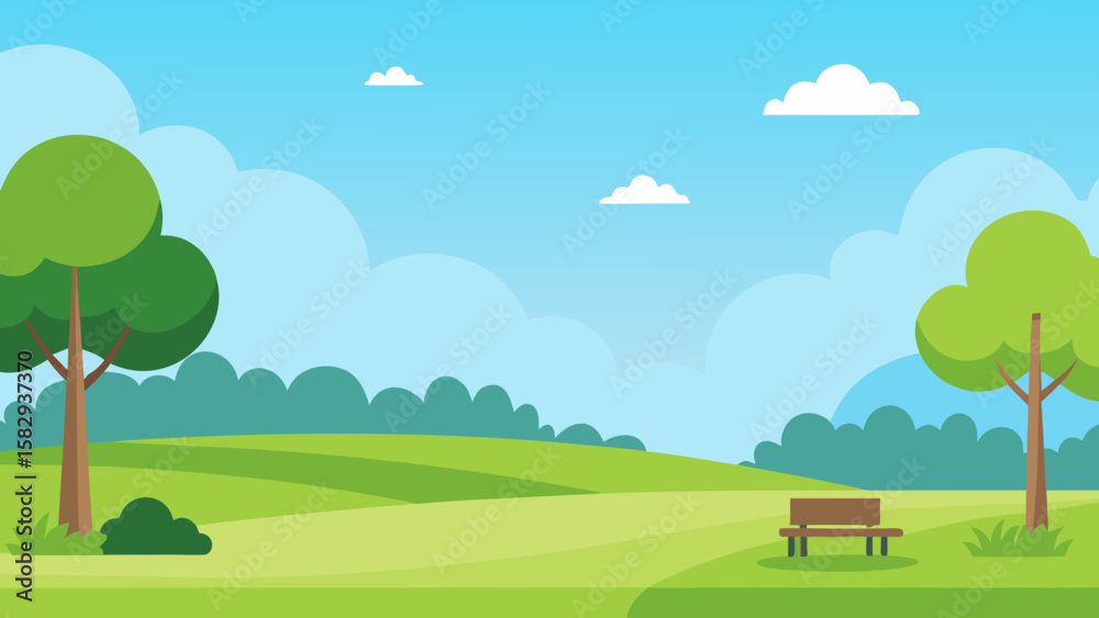 Fototapeta premium Open park background with soft grass and sky vector illustration