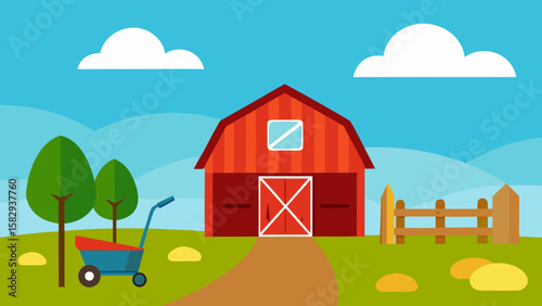barnyard with empty red barn, tool rack, wheelbarrow, and dirt paths under open sky vector illustration 