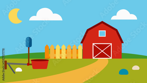 barnyard with empty red barn, tool rack, wheelbarrow, and dirt paths under open sky vector illustration 