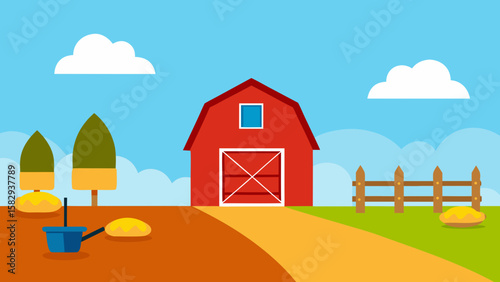 barnyard with empty red barn, tool rack, wheelbarrow, and dirt paths under open sky vector illustration 