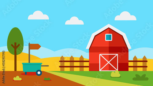 barnyard with empty red barn, tool rack, wheelbarrow, and dirt paths under open sky vector illustration 