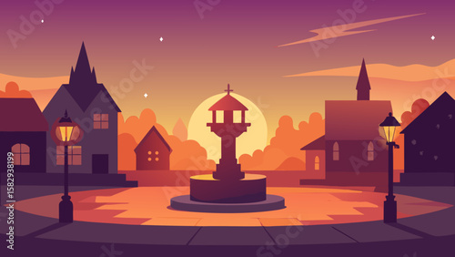 Town square at sunrise with warm magical glow vector illustration