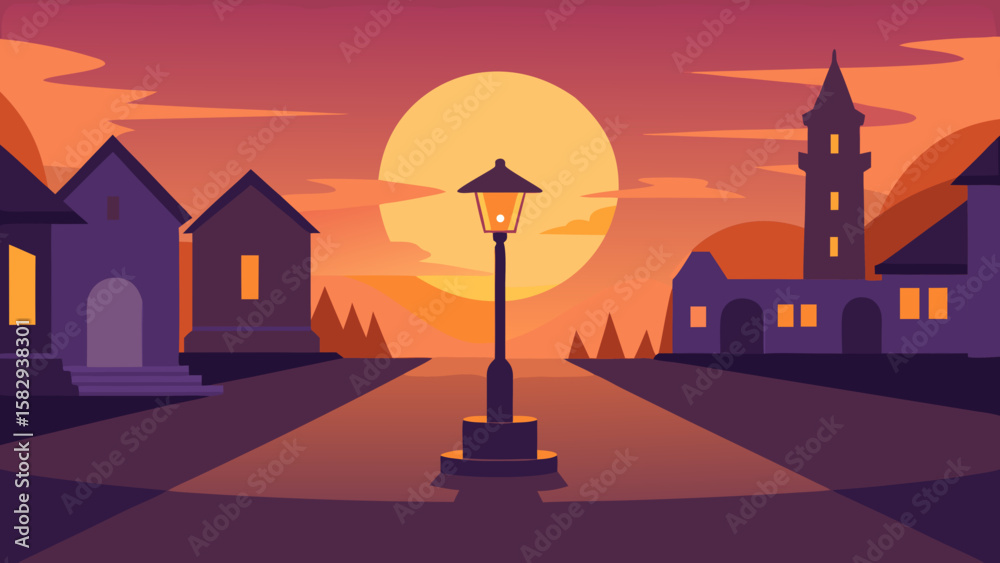 Naklejka premium Town square at sunrise with warm magical glow vector illustration