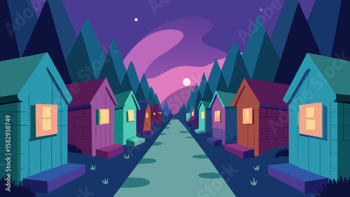 Backyard alley of tiny magical houses vector illustration