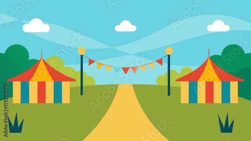 Bright cartoon festival grounds with empty booths, string lights, clean pathway, and colorful flags vector illustration