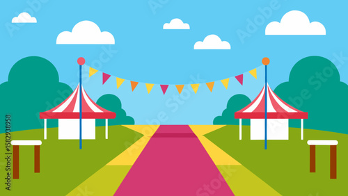 Bright cartoon festival grounds with empty booths, string lights, clean pathway, and colorful flags vector illustration