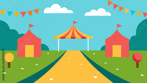Bright cartoon festival grounds with empty booths, string lights, clean pathway, and colorful flags vector illustration
