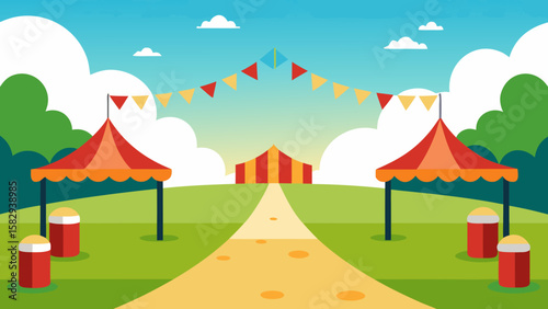 Bright cartoon festival grounds with empty booths, string lights, clean pathway, and colorful flags vector illustration