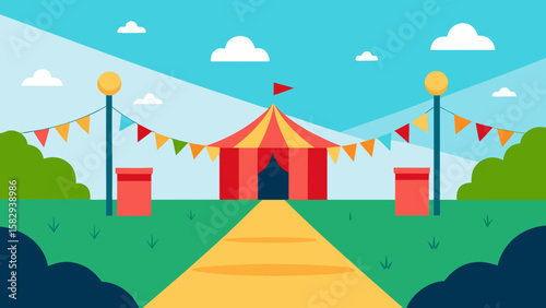 Bright cartoon festival grounds with empty booths, string lights, clean pathway, and colorful flags vector illustration