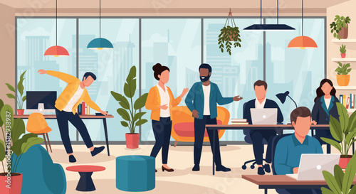 A diverse team of business professionals collaborates in a vibrant, modern open-plan office space with a city view, depicted in a flat design illustration.