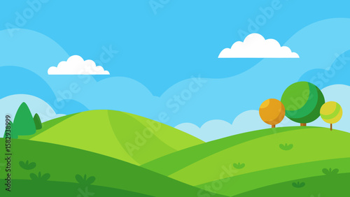 Cartoon meadow with rolling green hills under blue sky vector
