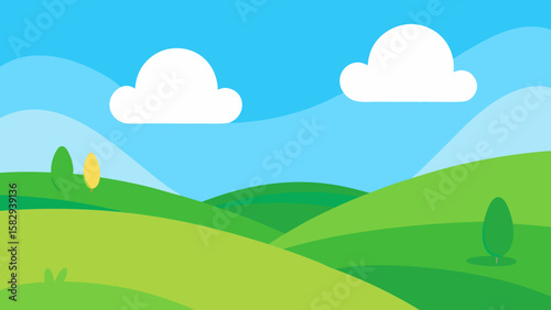 Cartoon meadow with rolling green hills under blue sky vector
