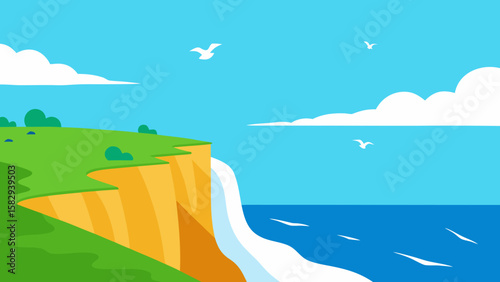Seaside cliff in summer with waves crashing below, grassy hills above, and seagulls flying in blue sky vector illustration