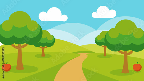 orchard path with flat trees in distance clear sky and rolling green grass hills