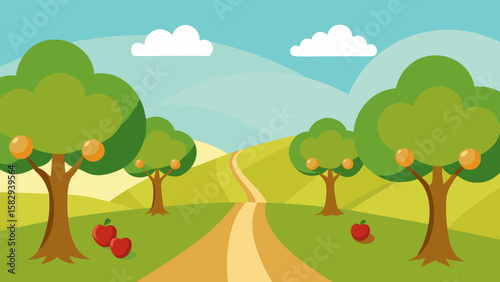 orchard path with flat trees in distance clear sky and rolling green grass hills