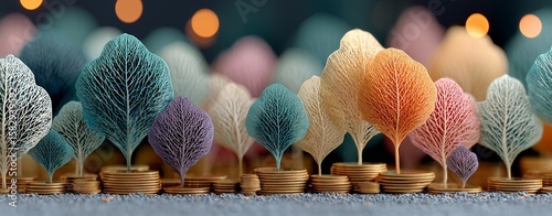 Sustainable Financial Growth: Coins Growing into Pastel Leaves Symbolizing Investment Returns