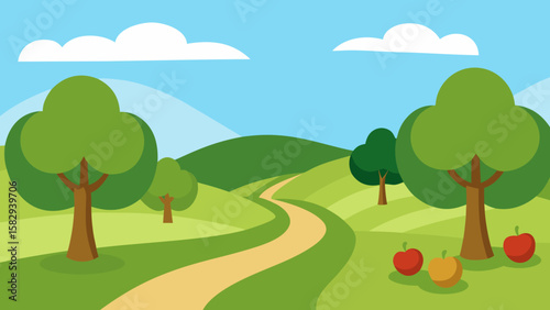 orchard path with flat trees in distance clear sky and rolling green grass hills