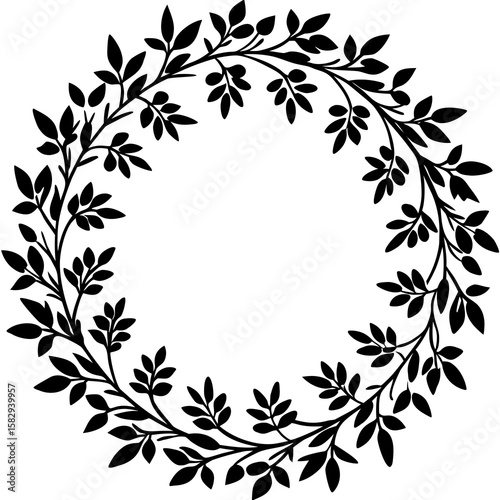 An elegant, circular floral wreath composed of delicate leaves and small blossoms
