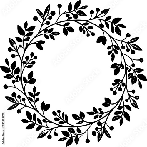 An elegant, circular floral wreath composed of delicate leaves and small blossoms